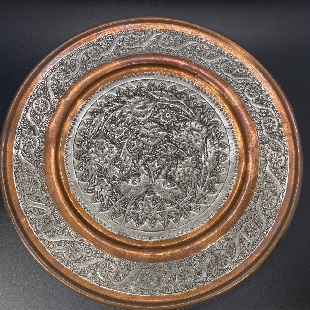 Antique Silver Tone‎ And Copper Persian Qajar Tray Plate Birds #158